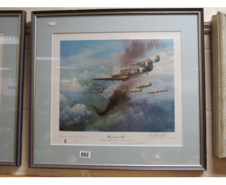 Framed Frank Wooton print limited edition 204/850 of Hurricane MK1 signed by Bob Stanford-Tuck and the artist
