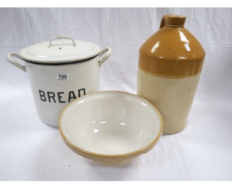 Enamel bread bin, stoneware flagon and a TG Green style mixing bowl