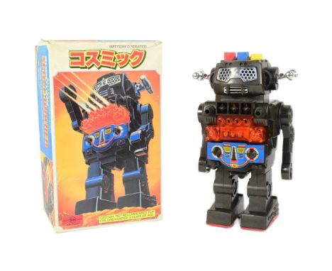 Tinplate Toys - a vintage Japanese SH Horikawa 'Cosmic' robot. Featuring a plastic body, buttons to the top of the head and s