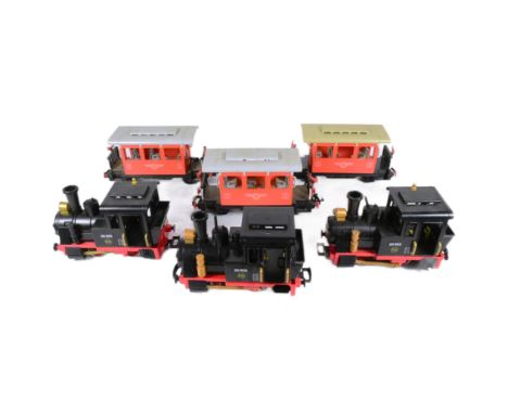Playmobil - x3 vintage 1980s Playmobil No. 4051 locomotives with rolling stock carriages.