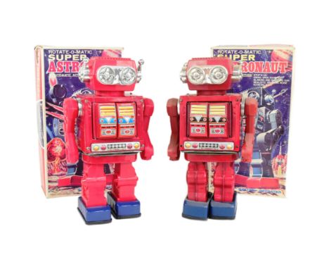Tinplate Toys - x2 Taiwan S.J.M 'Rotate-O-Matic Super Astronaut' robots. Featuring walking, stop'n go action, blinking and sh