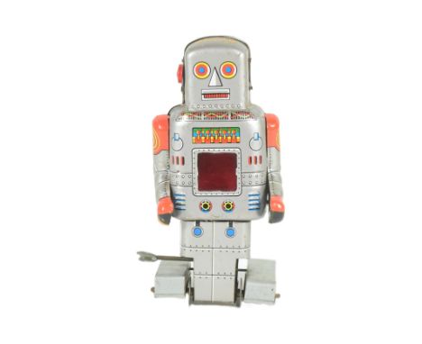 Tinplate Toys - a Japanese SY Toys Mechanical Robot with spark, featuring wind-up sparking and rolling action. Tested and rol