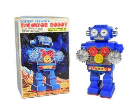 Retro Toys - a vintage Japanese SH battery operated Excavator Robot. Featuring visible gears, revolving drill and sounds. In 