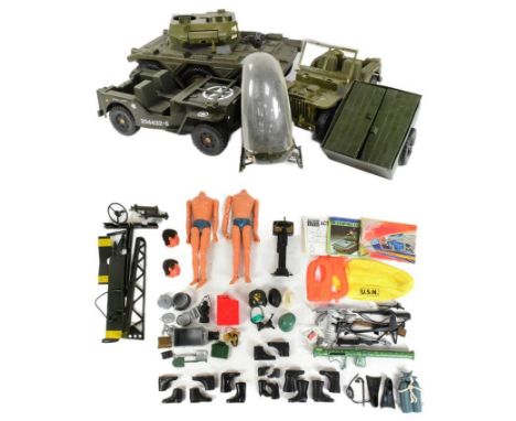 Action Man - vintage Palitoy Action Man figures, accessories and vehicles comprising x2 flock haired dolls with eagle eyes, S