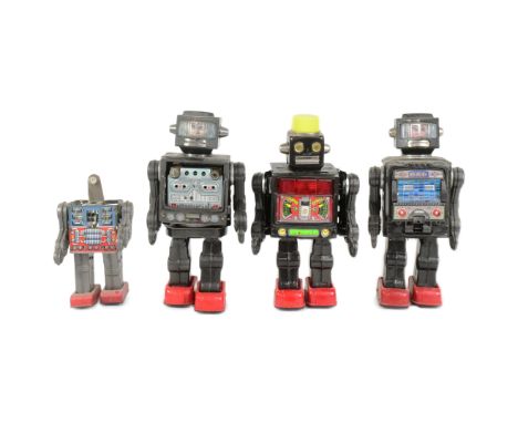 Tinplate Toys - x4 Japanese Horikawa robots, with varying degrees of completeness and untested. Featuring 'Space Explorer', '