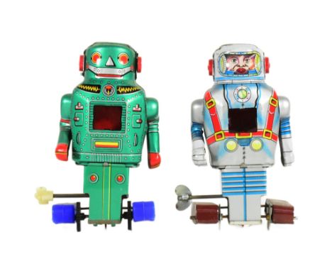 Tinplate Toys - x2 vintage Japanese Noguchi wind-up robots. Featuring walking action and sparking within their torsos. Tested