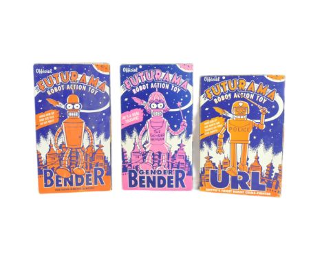 Tinplate Toys - x3 vintage Futurama wind-up robots, featuring Bender, URL and Gender Bender. All complete and housed within t