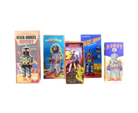 Tinplate Toys - x5 wind-up robots, comprising of: High-Wheel Robot by Ha Ha Toy, Galaxy Robot by SUPT, Robot 5 by Robot Islan