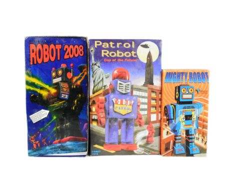 Tinplate Toys - x3 robots, comprising of; 'Mighty Robot' by MetalMania, 'Robot 2008' by Schylling and 'Patrol Robot' by Comet