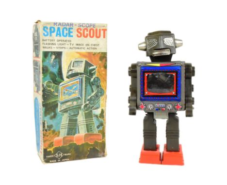 Tinplate Toys - a vintage Japanese Horikawa Radar-Scope Space Scout, featuring flashing light, tv image on chest and walking 