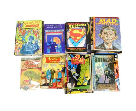 A collection of assorted super hero books, comics and graphic novels to include; Batman, Superman, Action Comics #301, #442, 