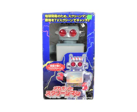 Tinplate Toys - a vintage Japanese Masudaya Mechabot Screenman robot. Featuring flashing eyes, moving tv screen image and wal