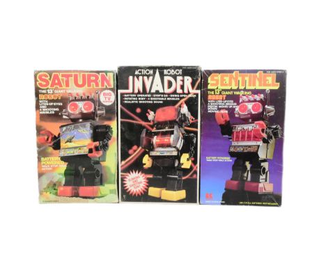 Retro Toys - x3 Chinese Kamco battery operated robots, comprising of; Sentinel, Saturn and Invader. All are housed within the