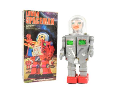 Retro Toys - a Mego, made in Hong Kong, Lunar Spaceman robot, featuring a silver plastic body, stop and go action, opening do