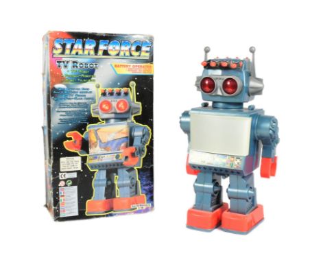 Retro Toys - a David Halsall Toys Star Force TV Robot, featuring light-up eyes, 4 shooting missiles, tv screen and stop'n go 