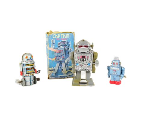Tinplate Toys - x3 wind-up robots, comprising of: 'Captain The Robot' by MTU, with original box, 'Robot-7' made in Japan and 
