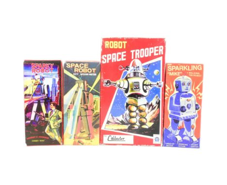 Tinplate Toys - x4 vintage key wound space robots, to include: Sparkling Mike by Schllying, Robot Space Trooper by Ha Ha Toy,