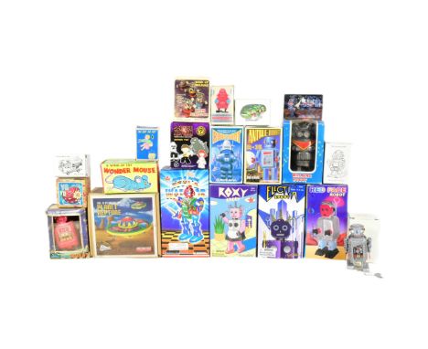 Tinplate Toys - a collection of assorted wind-up robots, to include: 'Antique Robot R-35' by Masudaya, 'Wonder Mouse' by Yone