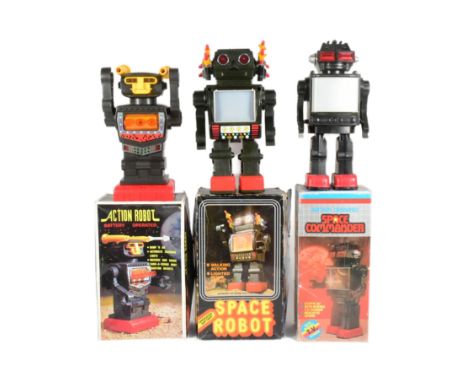 Retro Toys - x3 made in Hong Kong, space-related robots, comprising of; Space Robot, Action Robot and Space Commander. All te