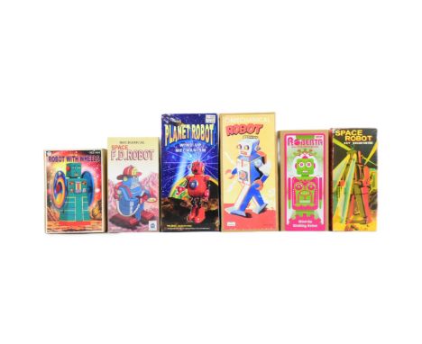 Tinplate Toys - x6 vintage Chinese wind-up robots, comprising of; Space F.D. Robot by Ha Ha Toy, Roberta by Schylling, Robot 