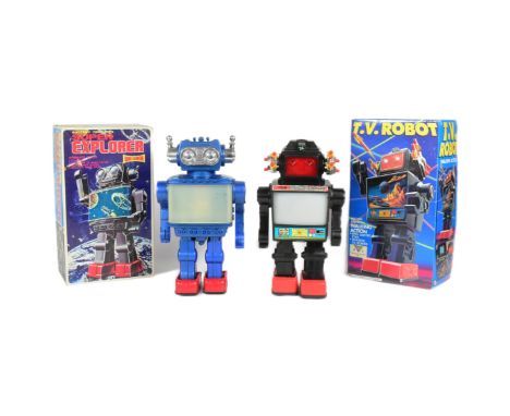 Retro Toys - x2 space related robots with tv screens. Comprising of; T.V. Robot and Super Explorer by S.J.M. Both tested and 