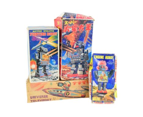 Tinplate Toys - x4 vintage Japanese robot boxes, empty. Comprising of: 'Fighting Robot', 'Super Mars King', 'Engine Robot', b