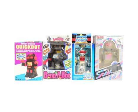Retro Toys - x4 Vintage battery powered robots, comprising of 'Bend-a-bot' by SIL, 'Super Robot' by RF, 'Quickbot' by Botoy a