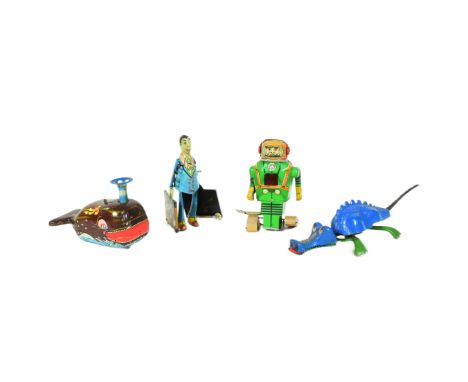 Tinplate Toys - x4 wind-up robots, comprising of: '"Billy" The Ball Blowing Magic Whale' by KO, a 'Jabberwock' by Tri-ang Min