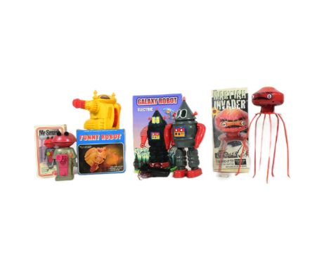 Tinplate Toys - x4 vintage Chinese robots, comprising of; Mr Smash by Marx Toys, Martian Invader by Schylling, Funny Robot an