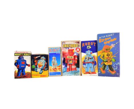 Tinplate Toys - x6 vintage wind-up robots, comprising of; Inter Planet Space Captain, Mechanical Mighty Robot, Machine Robot,