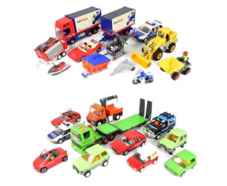 Playmobil - a collection of assorted Playmobil vehicles to include; Police Car, Family Car, Helicopter, Jeep, Construction Ve