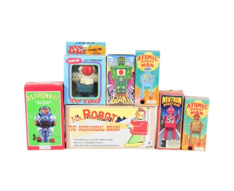 Tinplate Toys - x7 wind-up robots, to include: 'Atomic Robot Man' by Schylling, 'Mr. Robot' by Ha Ha Toy, 'Neutron Robot Man'