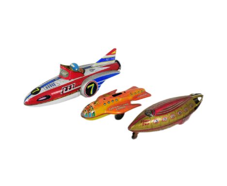 Tinplate Toys - x3 Vintage friction-powered spaceship toys, comprising of: a Wells Brimtoy Space Ship, made in Great Britain,