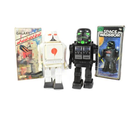 Retro Toys - x2 battery powered space related robots, comprising: 'Space Warrior' and 'Galaxy Warrior' by Mainland, both made