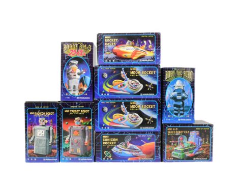 Tinplate Toys - x9 1997 Masudaya replica wind-up robots, to include: Mini Sonicon Rocket, Robby The Robot, Robot YM-3 and oth