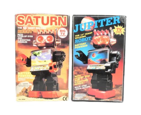 Retro Toys - x2 Chinese battery powered 13" giant walking robots, Saturn and Jupiter. Featuring light up eyes amd 4 shooting 