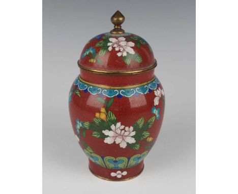 A Chinese cloisonné jar and cover, 20th century, of ovoid form, the domed cover with knop finial, decorated with flowers on k