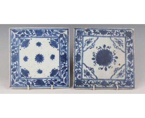 A Chinese blue and white export porcelain square tile, Kangxi period, painted with scattered flowerheads within flower basket