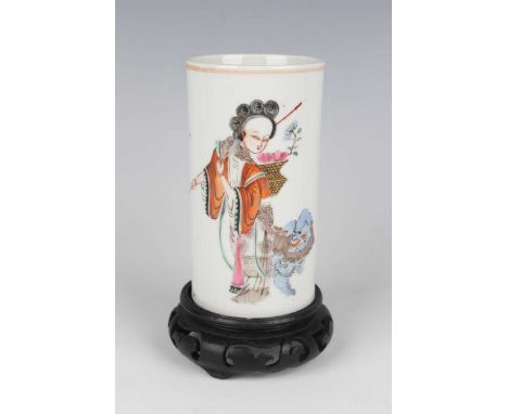 A Chinese famille rose porcelain brushpot, mark of Tongzhi but probably later, of cylindrical form, painted with a maiden and