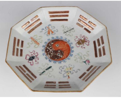 A Chinese famille rose enamelled porcelain octagonal footed dish, mark of Tongzhi and possibly of the period, the rim moulded