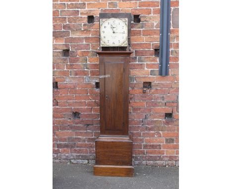 A 19TH CENTURY OAK CASED 30 HOUR LONGCASE CLOCK, the painted face with 'shell' decoration to each corner, subsidiary seconds 