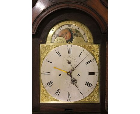 A GEORGE III MAHOGANY EIGHT DAY LONGCASE CLOCK BY GEORGE LUPTON, the 11" brass and silvered break arch dial with rolling moon