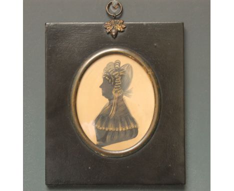 A MID 19TH CENTURY PROFILE OF A LADY LOOKING RIGHT /PORTRAIT SILHOUETTE, heightened in gilt, in a typical ebonised frame, 9 x