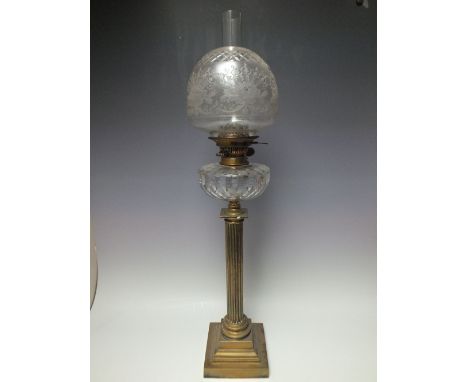 A TALL 'HINKS' REEDED COLUMN OIL LAMP, the brass column raised on a stepped base, duplex no. 2 burner, cut glass reservoir, e