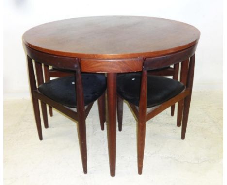 Circular Mahogany Danish Table from Frem Rojle Made In Denmark with rosewood stiles & Set 4 3 Cornered Tuck-Away Chairs with 