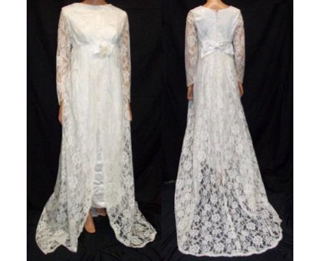 Ladies Vintage 1950s/60s Wedding Dress, white satin with white lace overlay & train, approx. size 10 