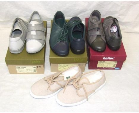 3 Pair Ladies Hotter Shoes As New In Boxes: grey trainers size 6 1/2, green casual shoes size 8 & light grey trainers size 7 