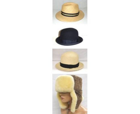 Christy's London Dark Blue Fur Felt Trilby, size 7 1/2, M&S Panama Hat, M&S Straw Trilby & Sheepskin/Suede Trapper Style Hat 