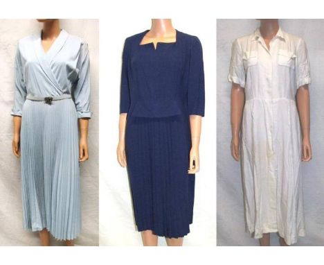 3 Ladies Vintage 1940s/50s Dresses: pale blue with pleated skirt & belt, cream light wool button through dress with partial l