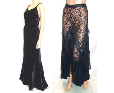 Ladies Black Velvet 1950s? Evening Dress with fishtail style skirt & Gothic Style Dark Blue Lace Skirt with crepe rosettes & 